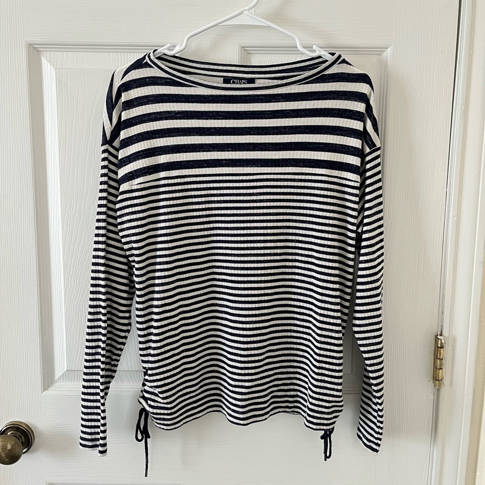Chaps Navy and White Striped Long Sleeve Top